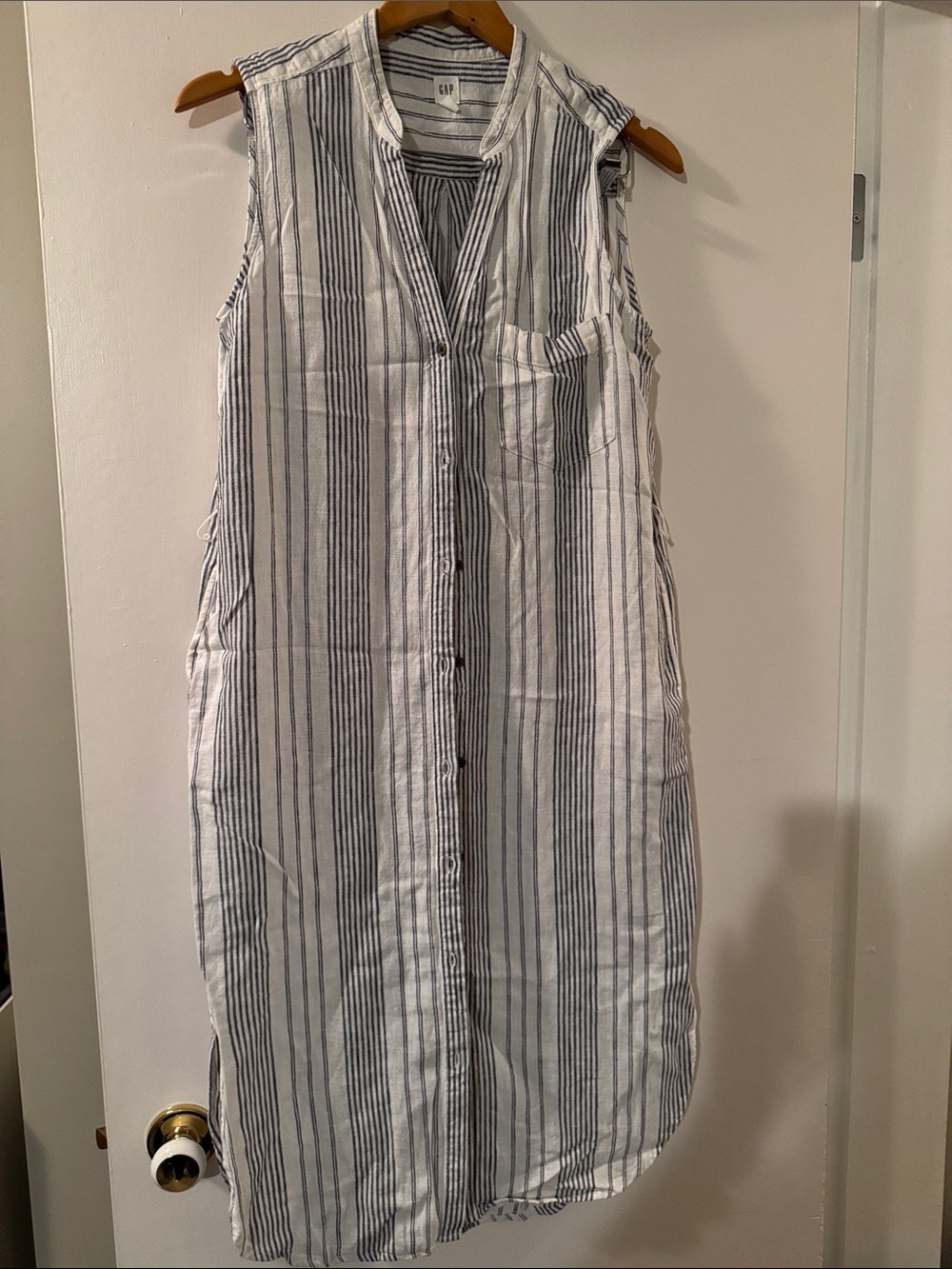 GAP Sleeveless Button-Front Midi Dress in White & Navy Stripe